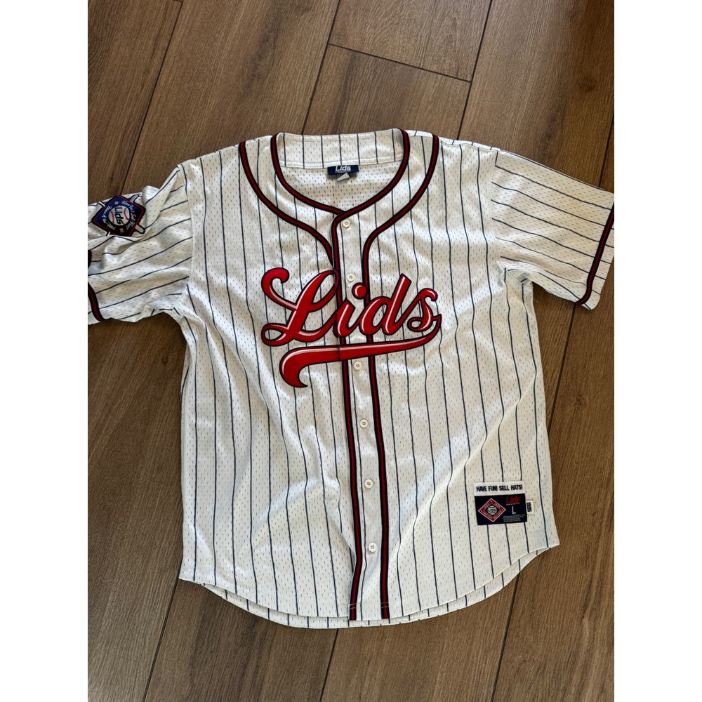 Lids Exclusive Mens Pinstripe Baseball Jersey White Red Blue Retro Size L T085
